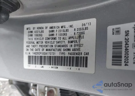 2013 Honda Accord Sport z USA, uszkodzony, nr VIN 1HGCR2F55DA170731